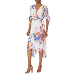 NWT DKNY Tie Sleeve V-Neck Faux Wrap Dress Painted Floral 5240/Ivory/Marine SZ 4